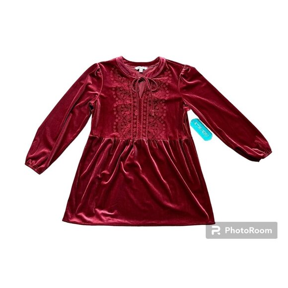 Pioneer Woman Womens Red Wine Velour Empire Waist Embroidered Tunic Shirt Small - Picture 2 of 10